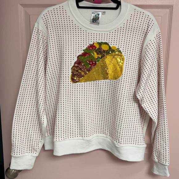 RARE QUEEN OF SPARKLES Oversized Taco Sequin RhinestoneSweatshirt NWOT